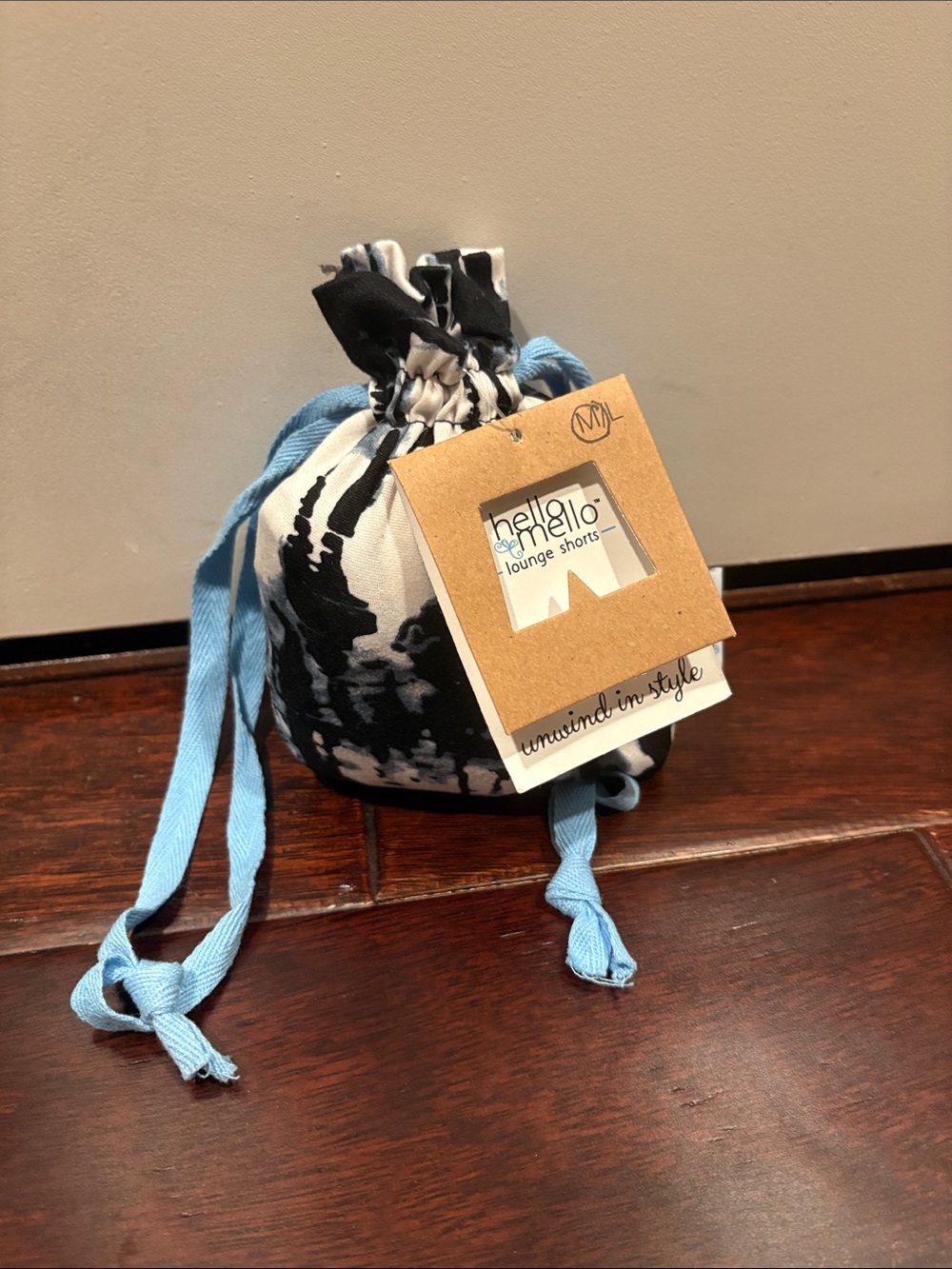 hello Mello Black & White Tie-Dye Lounge Shorts with Blue Drawstrings